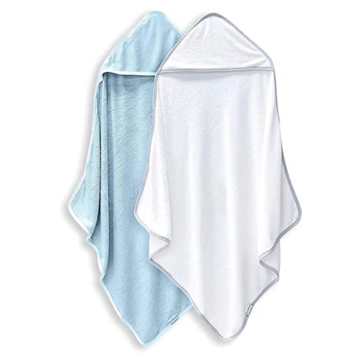 BAMBOO QUEEN 2 Pack Baby Bath Towel - Rayon Made from Bamboo, Ultra Absorbent - Ultra Soft Hooded Towels for Kids - X Large Size for 0-7 Yrs (White and Blue, 37.5 x 37.5 Inch)