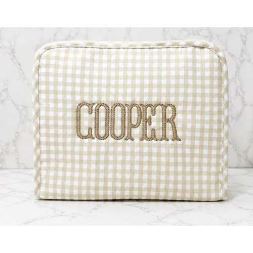 Personalized Gingham Nylon Pouch: Wipeable Toiletry Organizer, Custom Embroidered Name Bag