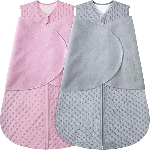 Fleece Newborn Sleep Sack Baby Swaddle,3-Way Adjustable Wearable Blanket,2 Pack Fleece Swaddling Sleeping Bag TOG 2.0, (Gray & Pink, 3-6 Months)