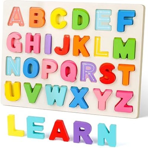 Present Preschool Learning Toys,ABC Wooden Alphabet Puzzle Board for Toddlers, Educational Montessori Letters Game