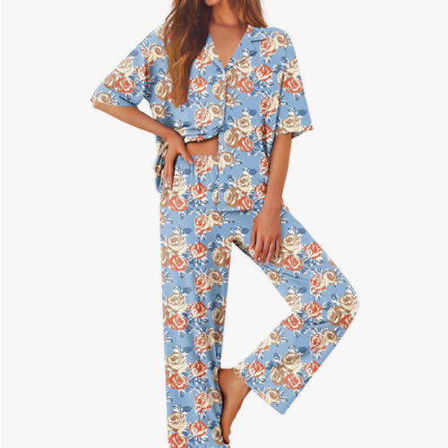Ekouaer Women Pajamas Set Button Down Sleepwear Short Sleeve Pjs Soft Comfy Nightwear with Long Pants S-XXL