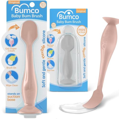 Baby Bum Brush + Mini Baby Diaper Cream Spatula with Case - BPA-Free Silicone Diaper Spatula with Suction Cup, Wipe-Clean, Mom-Invented Butt Paste Applicator (Blush & Gray)