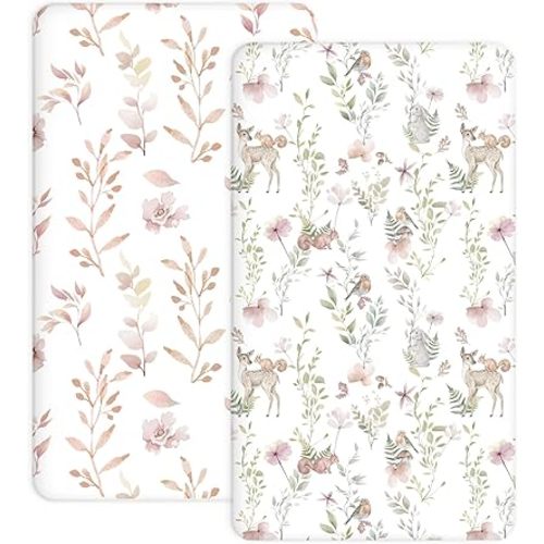 Pack and Play Sheets 2 Pack, Fitted Jersey Knit Mini Crib Sheets for Baby Boys and Girls, Compatible with Graco Pack N Play and Mini Crib Mattress (Pank N Play/Mini Crib Sheets, Floral Fawn)