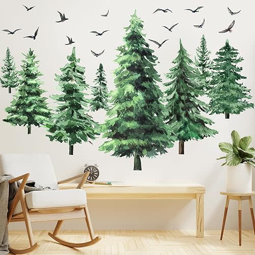 Qilery Large Pine Tree Wall Decals Winter Tree Wall Decal Watercolor Peel and Stick Forest Stickers Woodland Birds Branch Sticker for Nursery Bedroom Living Room(Classic Style)