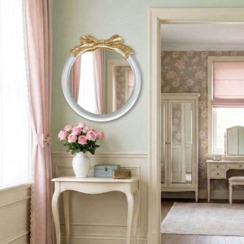 Ebern Designs French Country Round Vanity Mirror, Cream & Gold Bow Framed Mirror for Nursery | Wayfair