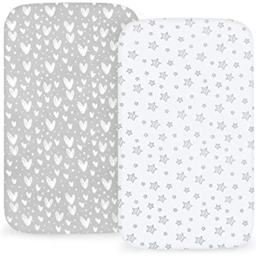 Bassinet Sheets Fit for Hospital Bassinet, Simmons Kids by The Bed Twin City and Graco Pack 'n Play Close2Baby Bassinet(not playard), 100% Jersey Knit Cotton, 2 Pack, Breathable and Soft, Grey Print - Gray - for Simmons Kids Sleeper Bassinet (Twins...