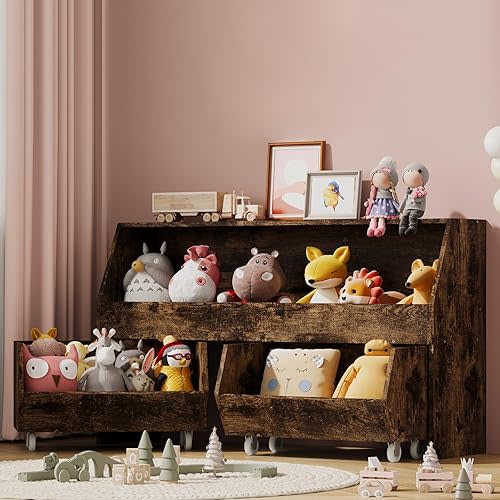 Toy Storage and Organizer for Kid, Boys and Girls Muti-Functional Bookcase and Storage Bin with Moveable Drawers, Children Toddler Storage Carbinet Retro Brown