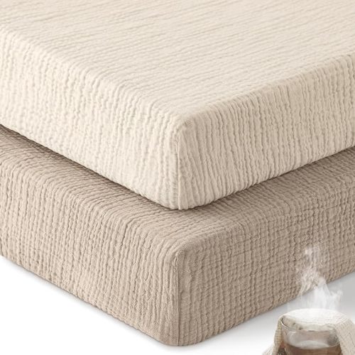 Unnivoll Muslin Crib Sheets for Boys Girls, 100% Cotton Fitted Crib Sheet 2 Pack for Standard Crib and Toddler Mattress, Breathable Soft Baby Sheet 28x52x8in Beige & Khaki