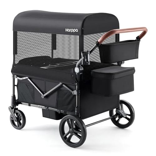 Harppa Remy Wagon Stroller for 4 Kids, Foldable 4-Seater Stroller Wagon with Mosquito Net Canopy,Snack Tray, All-Terrain 11.5" Wheels, 280Ibs Capacity for Growing Family Outings Black