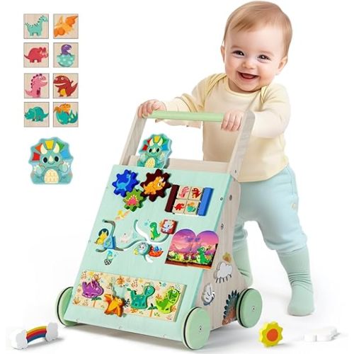 Wooden Baby Walker, Dinosaur Toddler Push Walker, Montessori Learning Activity Center for Boys Girls, Develops Motor Skills Sit-to-Stand Toys Multifunctional Educational Gifts for Kids Infant