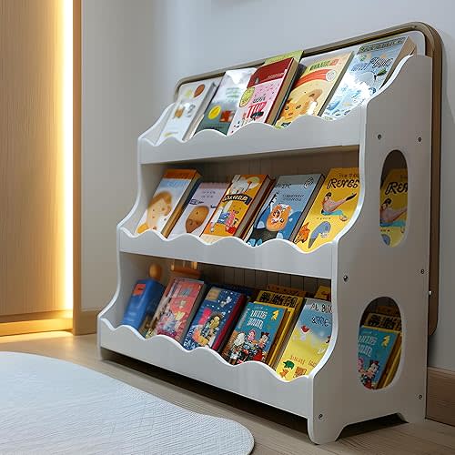 Kids Book Shelf Wooden Montessori Bookshelf Dutch Design 3Tier Scalloped,SnowfallWhite