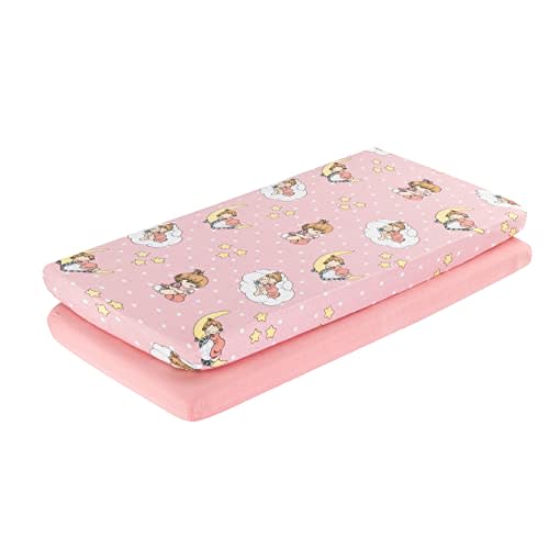 Precious Moments 2 Pack Baby Cradle Sheets - Fitted Set for Baby Girl; 100% Cotton Jersey Knit, Breathable and Soft Cradle Mattress Pad Cover; Pink, Yellow Girls Sheet and Solid Pink Sheet