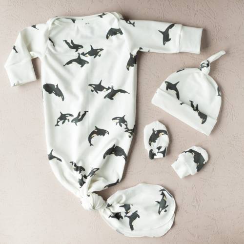 Whale Orca Newborn Outfit- Knotted Gown, Hat and Mittens Set New Baby Gift Set Hospital Outfit Coming Home Gift for Baby