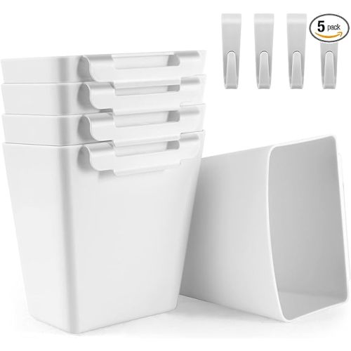 5 Pack Hanging Cup Holders, Plastic, White, Multipurpose Rolling Cart Accessories, Space Saving Organizer for Art & Craft Supplies, Kitchen, Makeup, Office Supplies