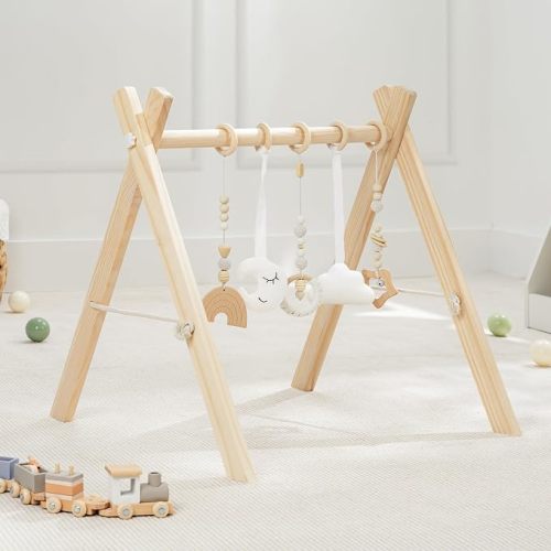 Comfy Cubs Wooden Baby Play Gym - Natural Finish Pinewood Baby Activity Gym with 5 Sensory Hanging Toys - Easy No-Tool Assembly, Safe and Durable for Infant Motor and Visual Development - Natural Wood