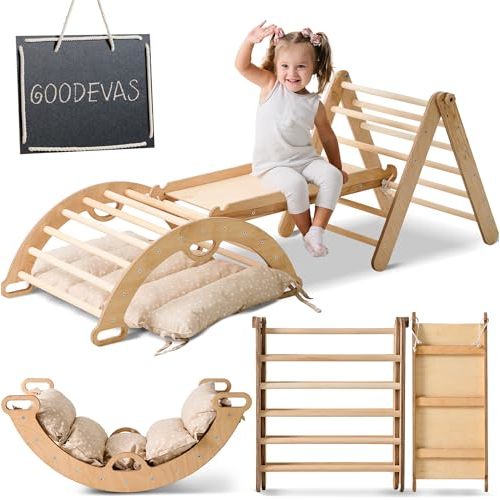 Goodevas 7-in-1 Montessori Climbing Set - Pikler Triangle with Cushions & Drawing Board for Toddlers 1-3 | Indoor Playground & Activity Center