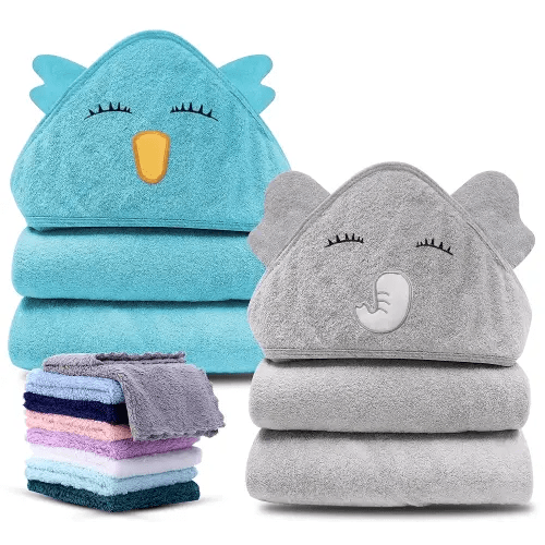 Cute Castle 2 Pack Hooded Baby Towel Rayon Made from Bamboo and 8 Washcloths - Lovely Elephant, Happy Bird