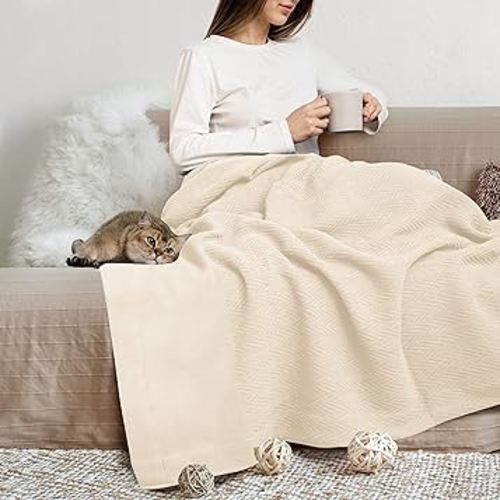 Organic GOTS Certified Cotton Blanket, Twin/Twin XL - 350 GSM, Antistatic, Fuzzy Soft, Lightweight, Sofa, Camping & Travel, All-Season Herringbone Throw, Ivory/Cream + Stylish Bonus Tote Bag