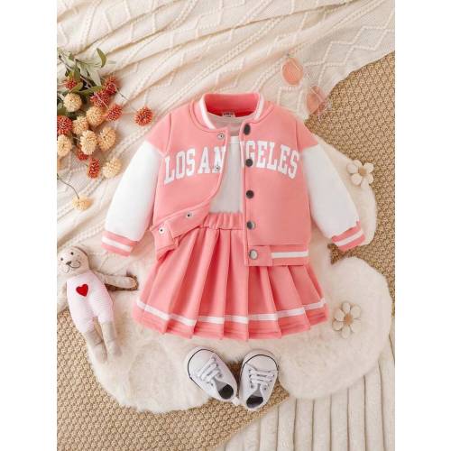 Baby Girl 1pc Letter Graphic Striped Trim Varsity Jacket & 1pc Skirt | SHEIN USA