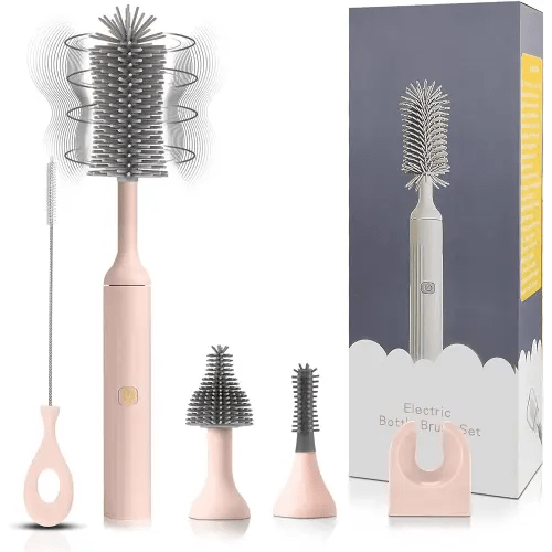 Augensterm Electric Cleaning Brush with USB Rechargeable Electric Bottle Brush Cleaner and 3 Replaceable Silicone Bottle Brushes and Straw Cleaner Brush,Perfect Baby Gifts and Kitchen Brushes(Pink)