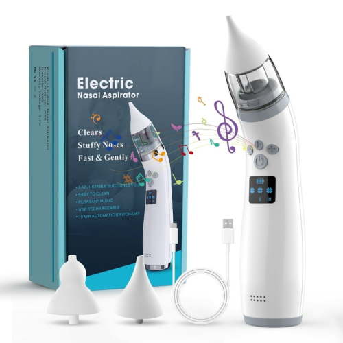PERRYHOME Nasal Aspirator for Baby, Baby Nose Sucker with Soft Silicone Tips, Three Levels of Adjustable Suction, Electric Nose Suction for Baby, Built-in Music Soothing(Gray)
