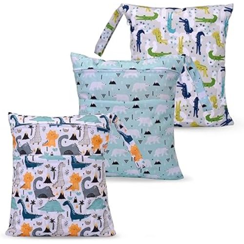 3pcs Cloth Diaper Wet Dry Bags Waterproof Reusable with Two Zippered Pockets Travel Beach Pool Daycare Soiled Baby Items Yoga Gym Bag for Swimsuits or Wet Clothes (Dinosaur,Polar bear)