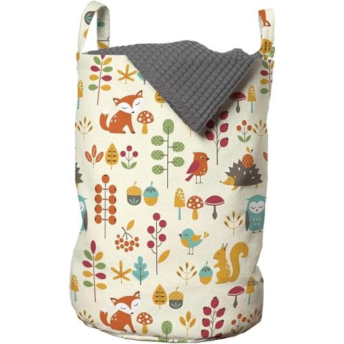 Ambesonne Cartoon Laundry Bag, Autumn Pattern Owl Fox Squirrel Birds Animal Leaves Print, Hamper Basket with Handles Drawstring Closure for Laundromats, 13" x 19", Cream Orange