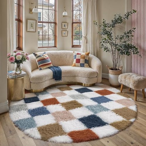 Checkered Rug 4x6 for Living Room, Modern Rainbow Shag Rug Super Soft Washable Fluffy Rugs Indoor Fuzzy Carpet for Bedroom Home Dorm Aesthetic Decor