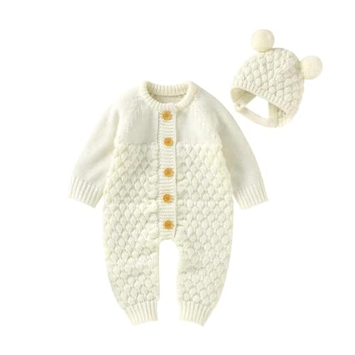 LAWKUL Baby Outfit Cotton Knit Newborn Infant Romper Knitted Longsleeve Sweater Clothes With Warm Hat Set Toddler Boy Girl
