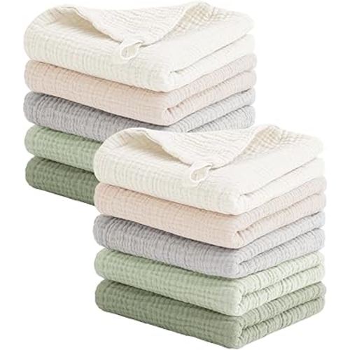 Konssy 10-Pack Muslin Baby Washcloths,100% Cotton Baby Wash Cloths for Newborn Kids Girls & Boys, Soft & Absorbent Washcloths