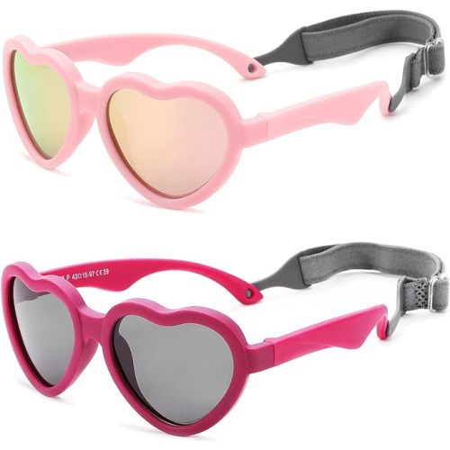 COASION Baby's First Sunglasses with Strap, Unbreakable Polarized Newborn Infant Heart Sunglasses for Ages 0-12 Months - C6* 2 Pack* ( Pink / Pink Mirror + Hot Pink / Grey) - 1.61 Inches
