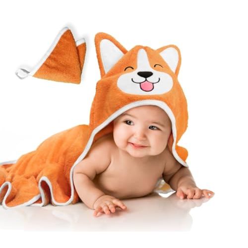 Generic Corgi Dog Baby Bath Hooded Towel - Cozy & Warm - Ultra Soft and Absorbent - Baby Bath - Toddler - Newborn - Pets - Free Washcloth - 35" x 35" (Orange)