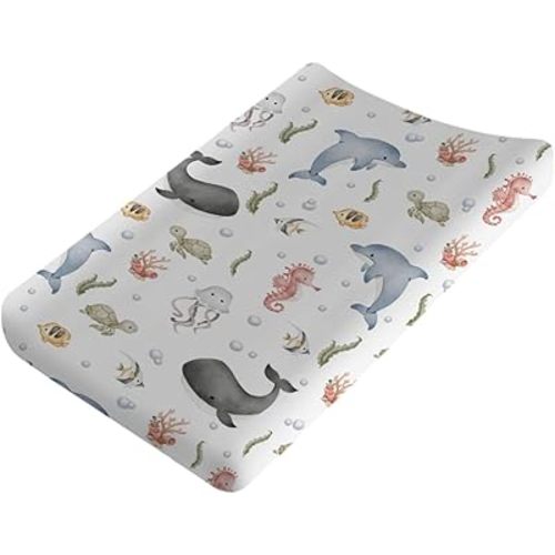 Sea Animals Changing Pad Cover Whale Dolphin Jellyfish Sea Horse Turtle Fish Coral Fitted Baby Change Table Sheets for Boy Girl Ocean Soft Stretch Fitted Changing Table Pad Cover Mats 32''x16''