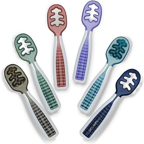 NumNum Baby Spoons Set, Baby Essentials Pre-Spoon GOOtensils for 6+ Months, First Stage Self-Feeding Spoons for Baby Led Weaning (BLW), Silicone Toddler Utensils, BPA-Free, 6 Pack Beach Party