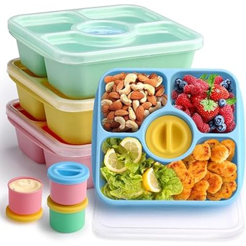 Bento Snack Box Containers for Adults Kids, 4 Pack Lunchable Meal Prep Containers Reusable, Stackable Bento Lunch Box, Food Storage Prep Containers with Lids and 4 Sauce Cups, Pastel Color, Clear Lid