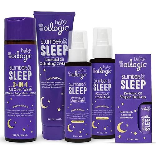 Oilogic Slumber & Sleep Bath Baby Essentials Gift Set - Includes All Over Wash, Calming Cream, Sleep Spray & Roll-On Essential Oils - Pediatrician-Tested Sleep, Comfort & Wellness Blends for Babies