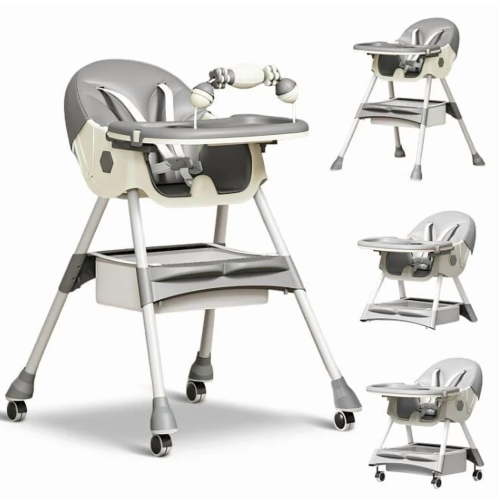 LHUAI, Foldable Baby High Chair, 4 in 1 Convertible High Chairs, With 5-Point Safety Harness, Adjustable Dining Tray & Backrest & Height, Easy To Clean Surface, For Babies And Toddlers, Grey