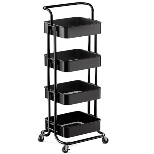 Pipishell 4 Tier Mesh Utility Cart, Rolling Metal Organization Cart with Handle and Lockable Wheels, Multifunctional Storage Shelves for Kitchen Living Room Office Black, PIUC12B