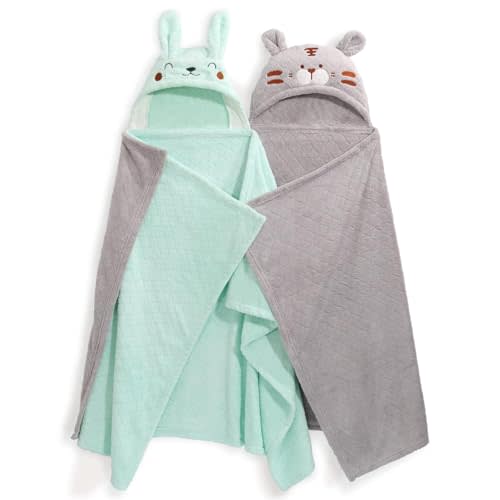 WODHOY Toddler Towels with Hood Age 0-5,2Pcs Coral Fleece Baby Bath Towels Hooded, Large Size 50 * 32 Inch for Kids Bathroom Towel,Ultra Absorbent and Soft and Thick Green&Grey Set