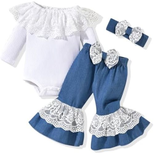 HINTINA Newborn Baby Girl Short Sleeve Bodysuit Flared Pants Ribbed Outfits