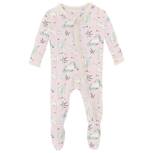 Print Muffin Ruffle Footie with 2 Way Zipper in Shrinking Violet Sleeping Unicorns