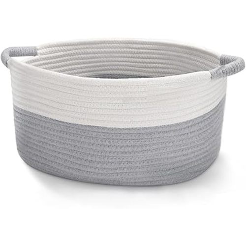 Large Cotton Rope Storage Basket with Handles, Hamper, Laundry Basket, 20 "L x 14" W x 12 "H, Home Decor for Storage Blanket &Toy, etc .(White & Gray）