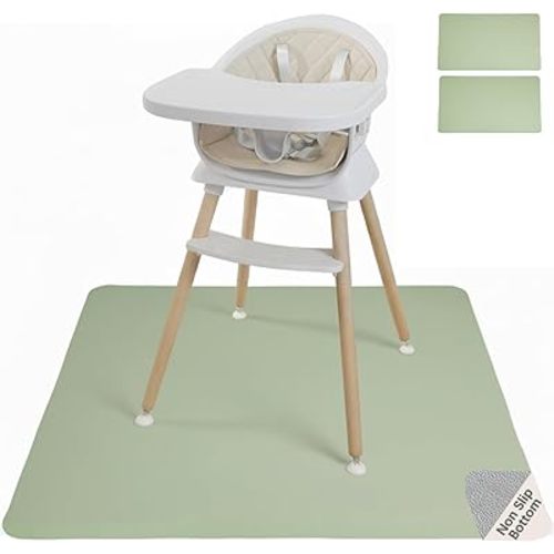 Baby Splat Mat for Under High Chair 43x43 Inch + 2Pcs Baby Table Mat, Vegan Leather Waterproof Washable Floor Protector, Wipe Clean Anti-Slip Toddler Feeding & Crawling Mat (Green)