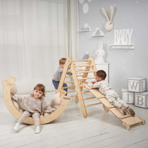 3in1 Montessori Climbing Set: Triangle Ladder + Wooden Arch + Slide Board – Beige NEW (See Details)