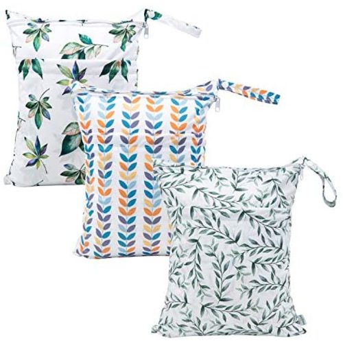 Babygoal Wet Dry Bags for Baby Cloth Diapers, Washable Travel Bags, Beach, Pool, Gym Bag for Swimsuits & Wet Clothes with Two Zippered Pockets 3 Pack 3LN08