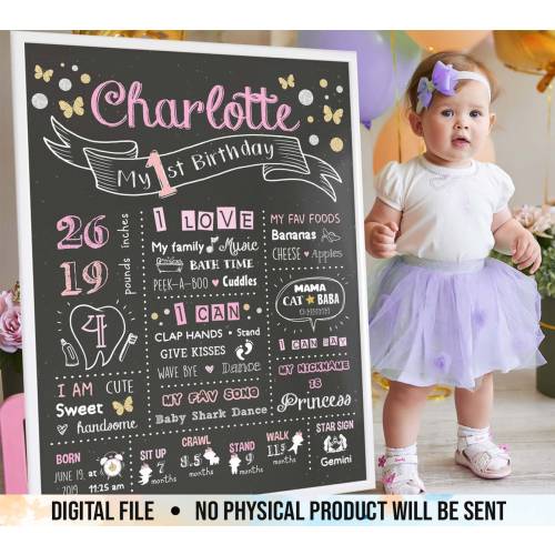 1st Birthday Girl Board, First Birthday Chalkboard, Baby One Year Milestone Sign, Gold & Pink Party Decorations Idea, Printable Digital File