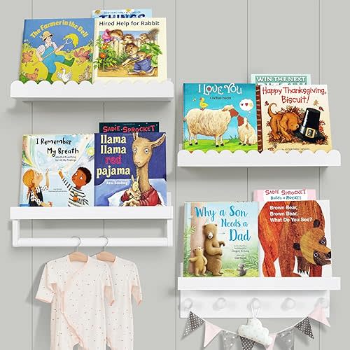 Ollieroo Set of Four Floating Book Shelves for Wall, Nursery Book Shelf for Kids Room, Bamboo Wood Hanging Bookshelf for Baby Teen Boys Girls, Wall Mounted Shelves for Bedroom Bathroom Decor(Wavy)