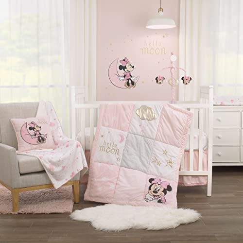 Disney Minnie Mouse Twinkle Twinkle Minnie Pink, White and Metallic Gold 3 Piece Crib Bedding Sete Twinkle Minnie Pink, White and Metallic Gold 3 Piece Crib Bedding Set