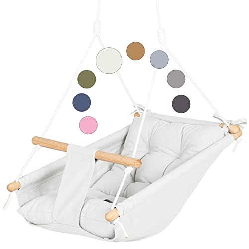 CaTeam Canvas Kids Swing, Wooden Hanging Seat Chair with Safety Belt, Durable Toddler Seat, Suitable for Outdoor and Indoor Use, Mounting Hardware Included, Ivory