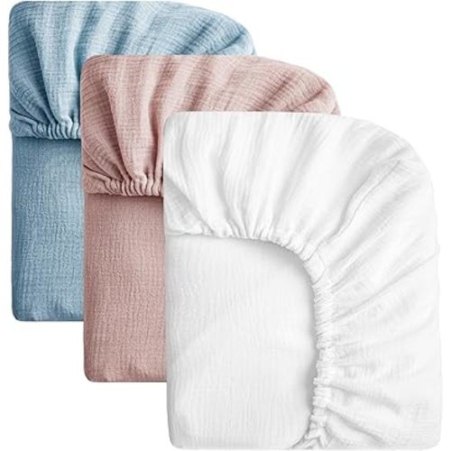SOULFUL Muslin Crib Sheets for Boys Girls, 3 Pack Soft and Breathable Cotton Fitted Crib Sheets for Standard Crib Mattress (28"x 52", White & Dusty Rose & Blue)